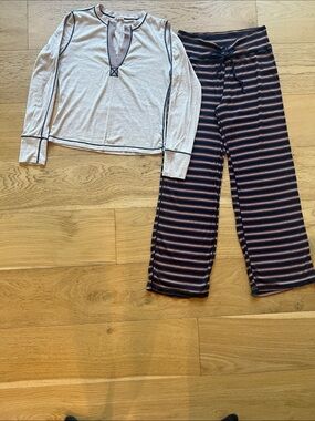 Free People Two-Piece Pajama Set in Cream Top & Navy Pink Striped Pants